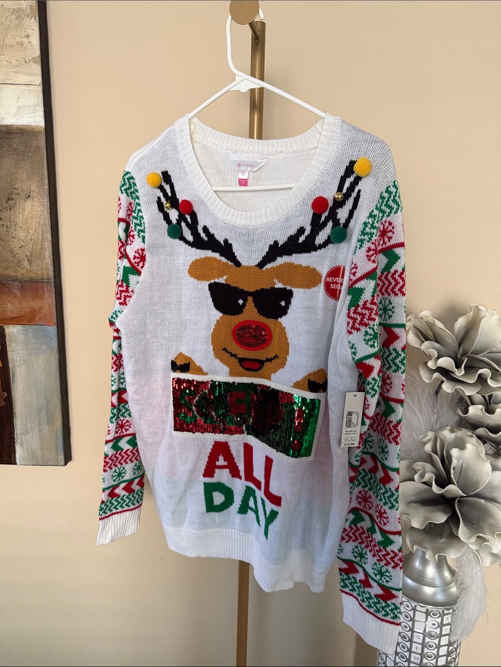 No Boundaries White Reindeer Sequin Pom-Pom Holiday Sweater - Red Green Gold